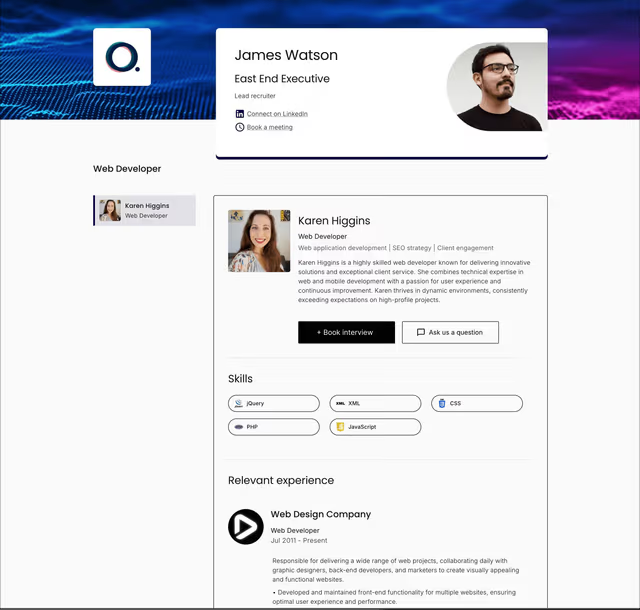 A branded Floats candidate profile with client engagement analytics