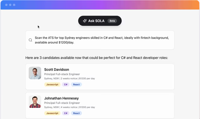 The SOLA AI agent surfacing matched candidates from a plain-English search
